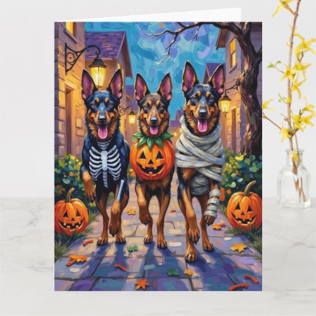 Cartão Cães Pastores Belgas Trick-or-Treating no Hallowee (Flor Amarela)