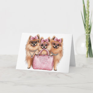 Cartão Cães Pomeranianos Fashionáveis, Bolsa Rosa