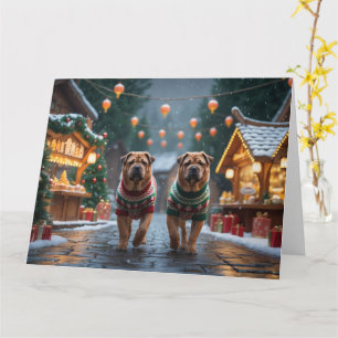 Cartão Cães Shar Pei Natal Neve Férias