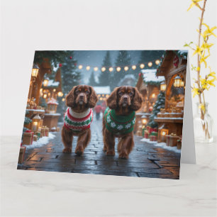 Cartão Cães Spaniel Tibetano Natal Neve Férias