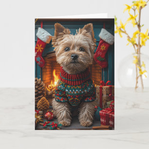 Cartão Cairn Terrier com Presentes de Natal na Lareira