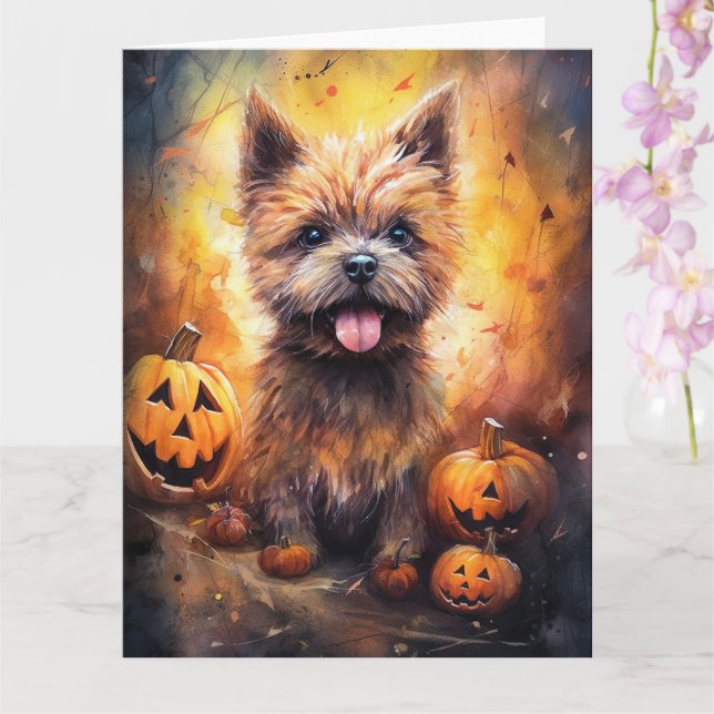 Cartão Cairn Terrier de Halloween com Abóboras Assustador (Orquídea)