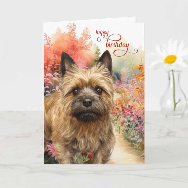 Cartão Cairn Terrier Dog Birthday Wishes Garden Path (Planta pequena)