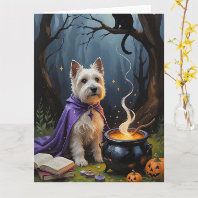 Cartão Cairn Terrier Dog Whimsical Halloween Painting (Flor Amarela)