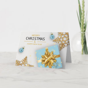 Cartão Caixa de Presente Azul Bolas de Natal Flocos de Ne