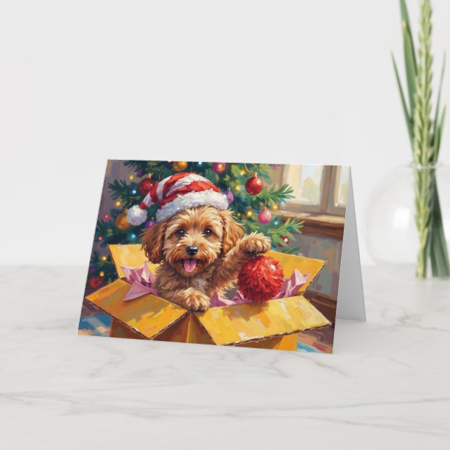 Cartão Caixa Surpresa de Natal com Cachorro Cockapoo (Frente)