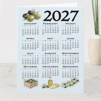 Cartão Calendário 2027, Azeitonas Mediterrâneas, Azul