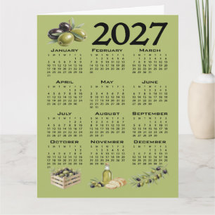 Cartão Calendário 2027, Azeitonas Mediterrâneas, Verde