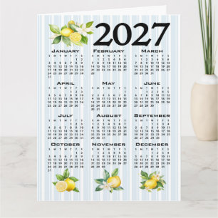 Cartão Calendário 2027 Estilo Italiano Limões Listras Azu