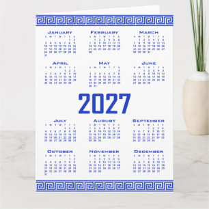 Cartão Calendário 2027, Fretwork Grego, Azul Grego em Bra