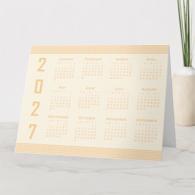 Cartão Calendário 2027, Fretwork Grego, Bege em Cosmic La (Frente)