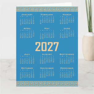 Cartão Calendário 2027, Fretwork Grego, Bege no Azul Cosm