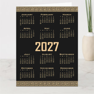 Cartão Calendário 2027, Fretwork Grego, Bege no Preto