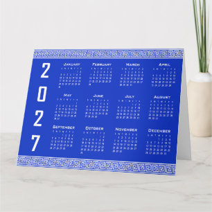 Cartão Calendário 2027, Fretwork Grego, Branco sobre Azul