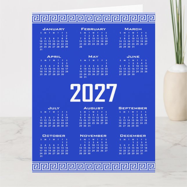Cartão Calendário 2027, Fretwork Grego, Branco sobre Azul (Frente)