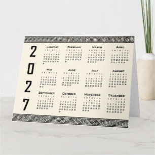Cartão Calendário 2027, Fretwork Grego, Preto no Bege