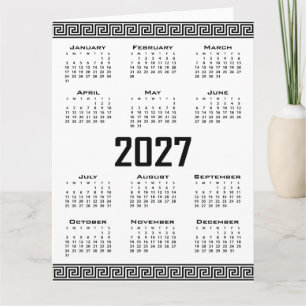 Cartão Calendário 2027, Fretwork Grego, Preto no Branco