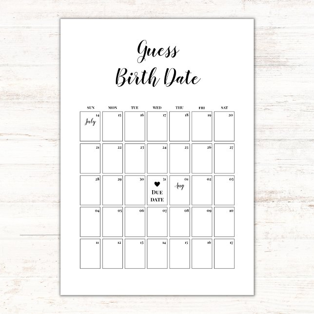 Cartão Calendário de Data de Vencimento do Chá de fraldas (baby shower game guess due date calendar, minimalist black and white gender neutral, guess birth)