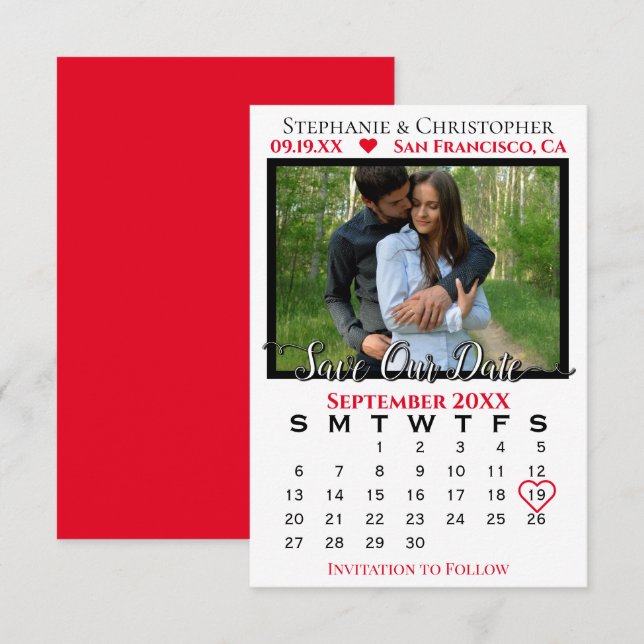 Cartão Calendário de Fotografias Simples Casamento Vermel (Frente/Verso)