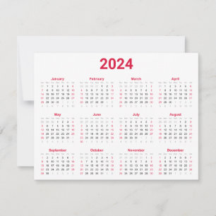 Cartão Calendário Simples Vermelho e Branco de 2024 à Pri