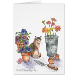 Cartão Calico Cat Pansies Daisies Watercolor "Don Juan"