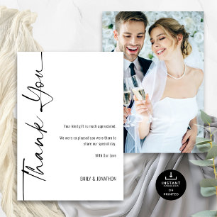 Cartão Caligrafia Foto de Casamento Branco Negro Obrigado