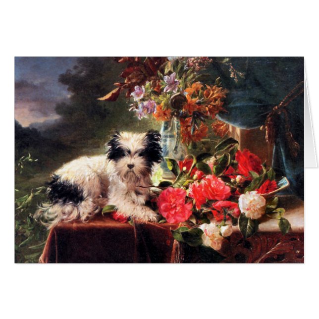 Cartão Camellias e um Terrier (Frente Horizontal)