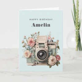 Cartão Câmera com Imagem Retro Pastel de Flores Aniversár