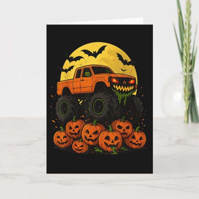 Cartão Caminhão Monstro de Halloween Esmagando Abóboras (Frente)