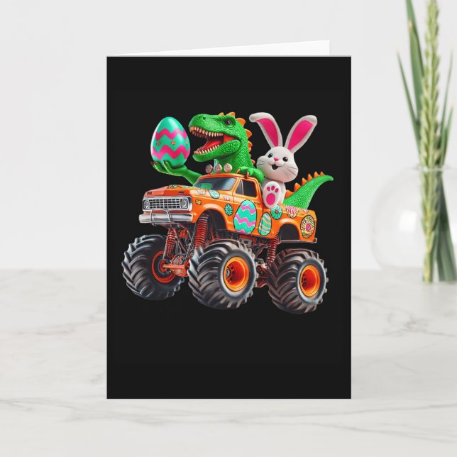 Cartão Caminhão Monstro de Páscoa Bunny T-rex Dino Engraç (Frente)