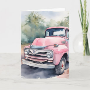 Cartão Caminhão Retrô Rosa Aquarela Aniversário
