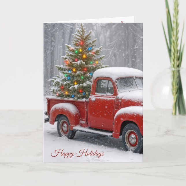 Cartão Caminhão Retro Vermelho com Árvore de Natal (Frente)