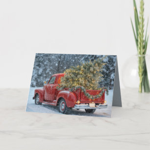 Cartão Caminhão Retro Vermelho Com Árvore De Natal Em Flo