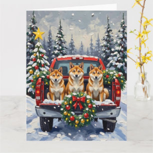 Cartão Caminhão Vermelho de Natal Shiba Inu Férias