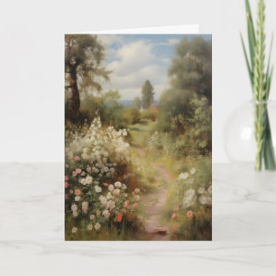 Cartão Caminho de Jardim Florido Vintage Primavera, Óleo