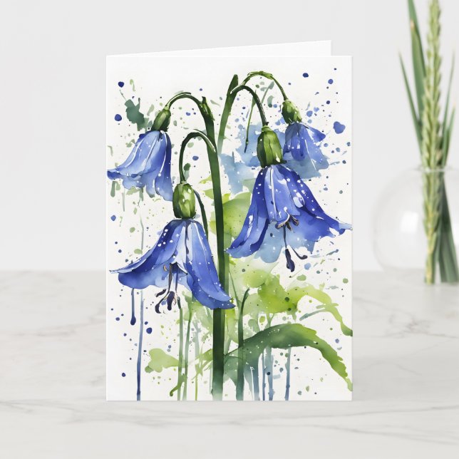 Cartão Campainha azul - Flores de aquarela (Frente)