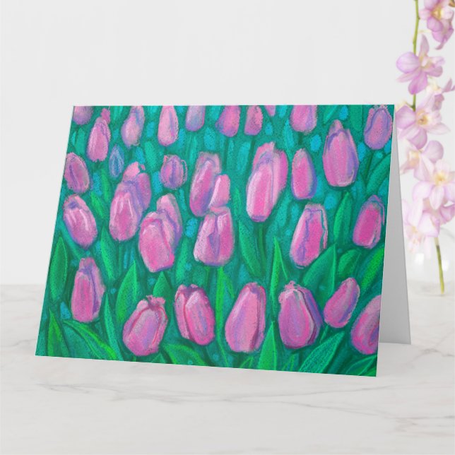Cartão Campo de Tulipas Rosa, Pintura Floral de Flores de (Orquídea)