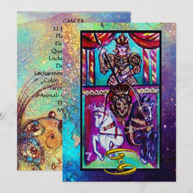 CARTÃO CANCER, CHARIOT TAROT ASTROLOGY ZODIAC ANIVERSÁRIO (Frente/Verso)