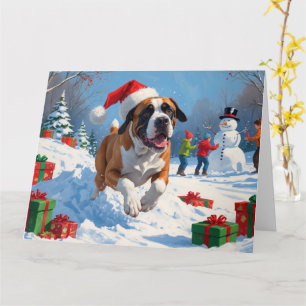 Cartão Cane Corso Correndo na Neve com Chapéu de Natal