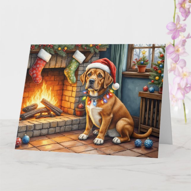 Cartão Cane Corso Lareira com Luzes de Natal (Orquídea)