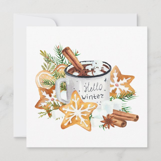 Cartão Caneca de Chocolate Quente Olá Inverno com Biscoit (Frente)