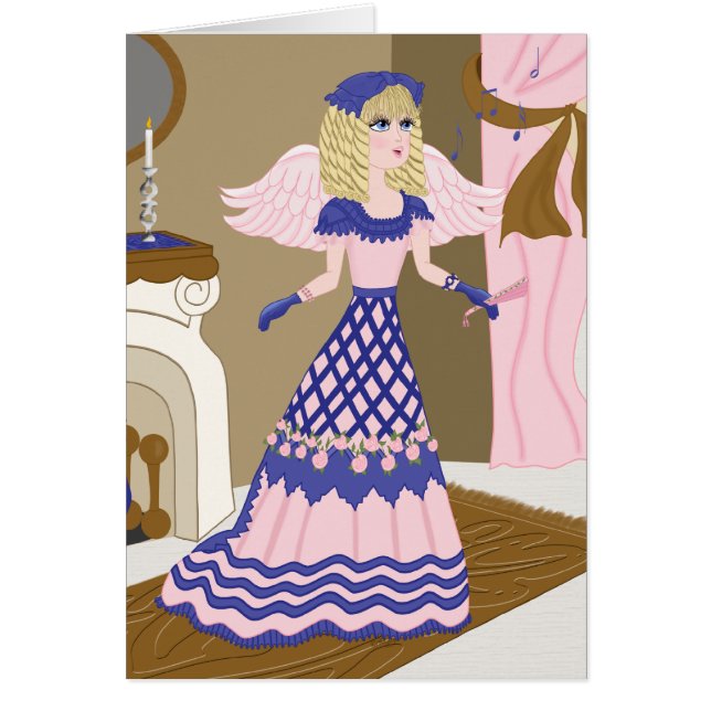 Cartão Cantor de Azul Anjo Vitoriano e Rosa, por Lareira (Frente)