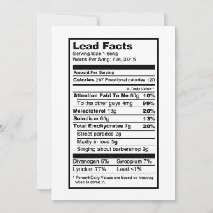 Cartão Cantor líder "Nutritional Information Label" (Etiq