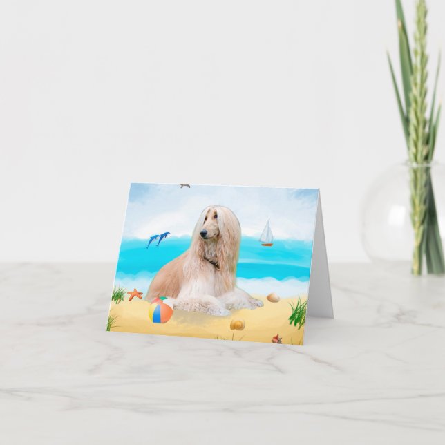 Cartão Cão Afghan Hound na Praia (Frente)