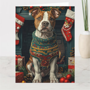 Cartão Cão American Staffordshire Com Presentes de Natal