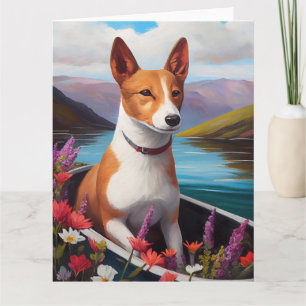 Cartão Cão Basenji em uma Canoa: Uma Aventura Cênica