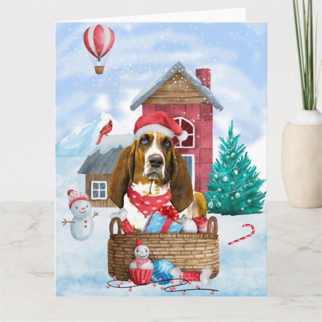Cartão Cão Basset Hound na casa de Natal na neve (Frente)