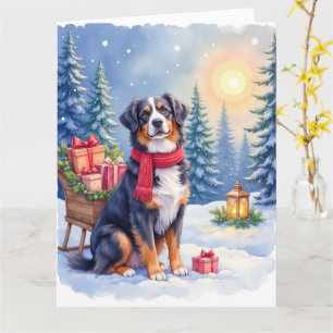 Cartão Cão Bernês de Montanha Aguarela Trineo Natal