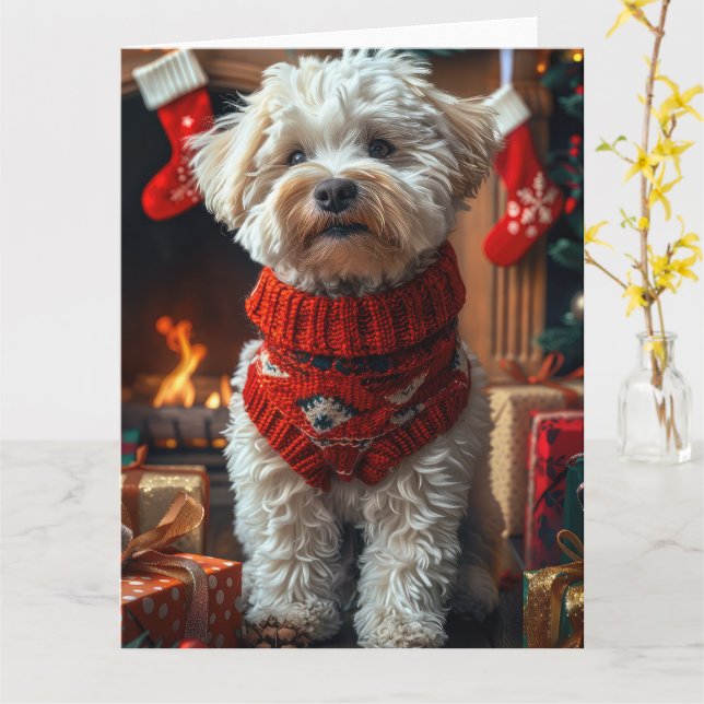 Cartão Cão Bichon Frise com Presentes de Natal Lareira (Flor Amarela)