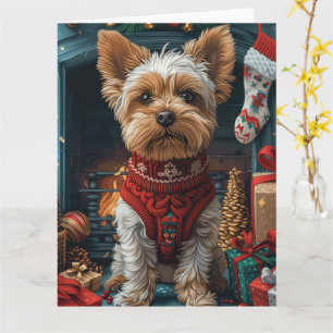 Cartão Cão Biewer Terrier com Presentes de Natal Lareira